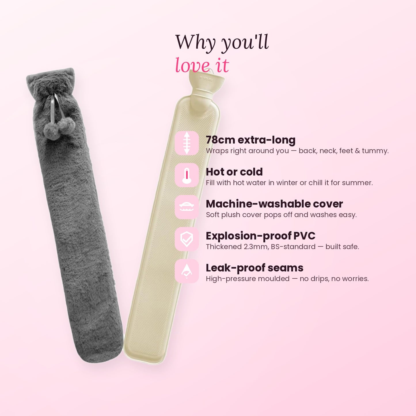 Long Plush Hot Water Bottle — Your Winter Bestie 💕(Pink Colour)